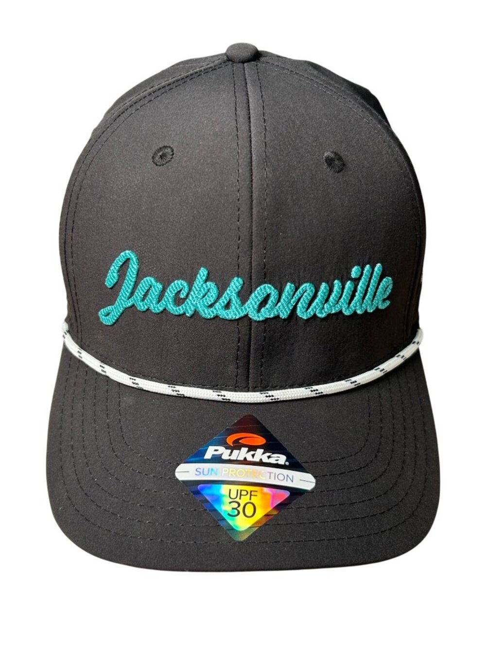 NEW Jacksonville Embroidered Pukka UPF 30 Snapback Hat Black Teal Rope Accent